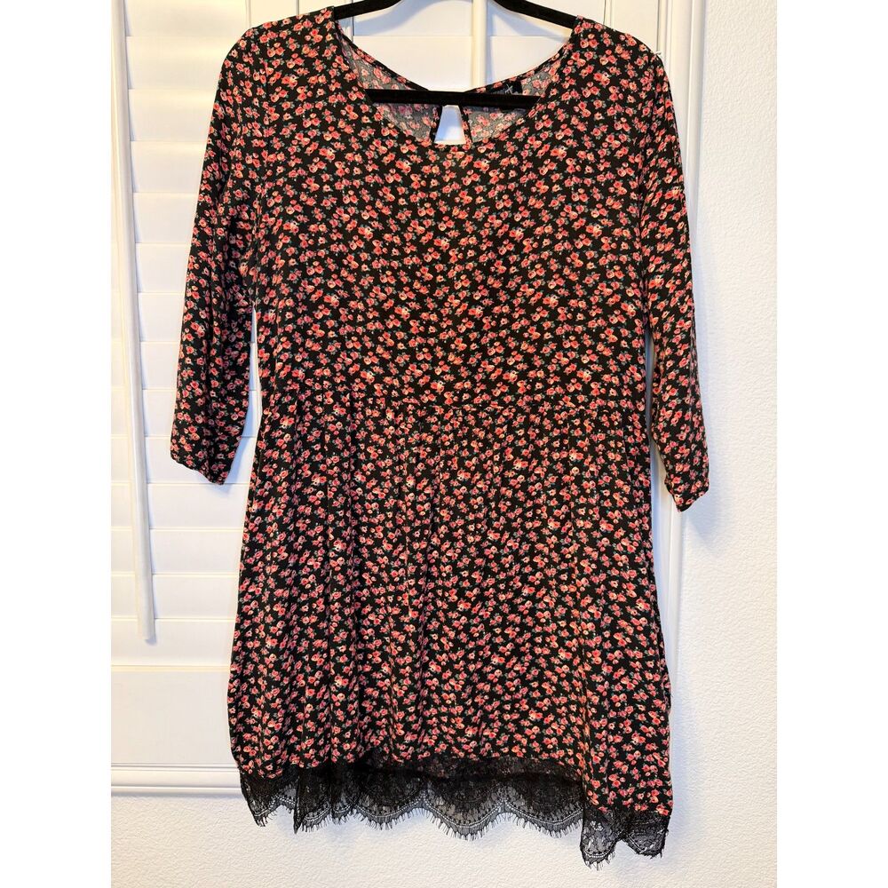 Seventeen Black Floral Lace Trim Tunic Dress Size XL 3/4 Sleeve Whimsygoth